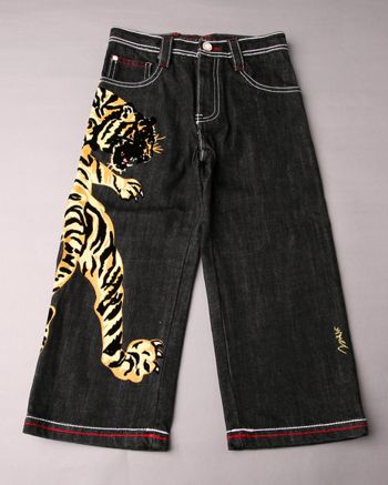 Tiger image added to jeans using flocking process